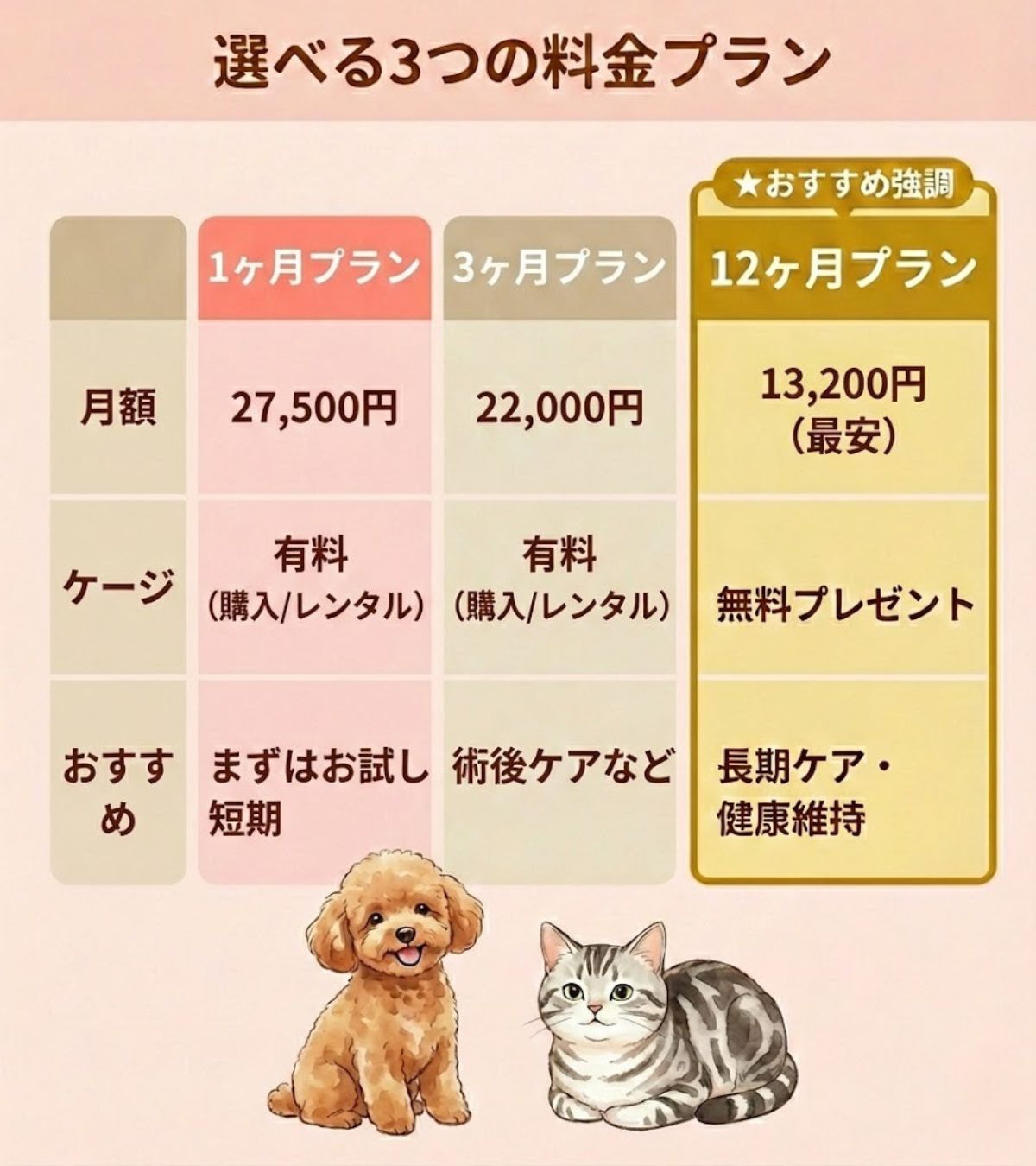 料金プラン3種の比較表。長期なら月額13,200円でケージ無料の12ヶ月プランがお得、お試しなら1ヶ月プラン。