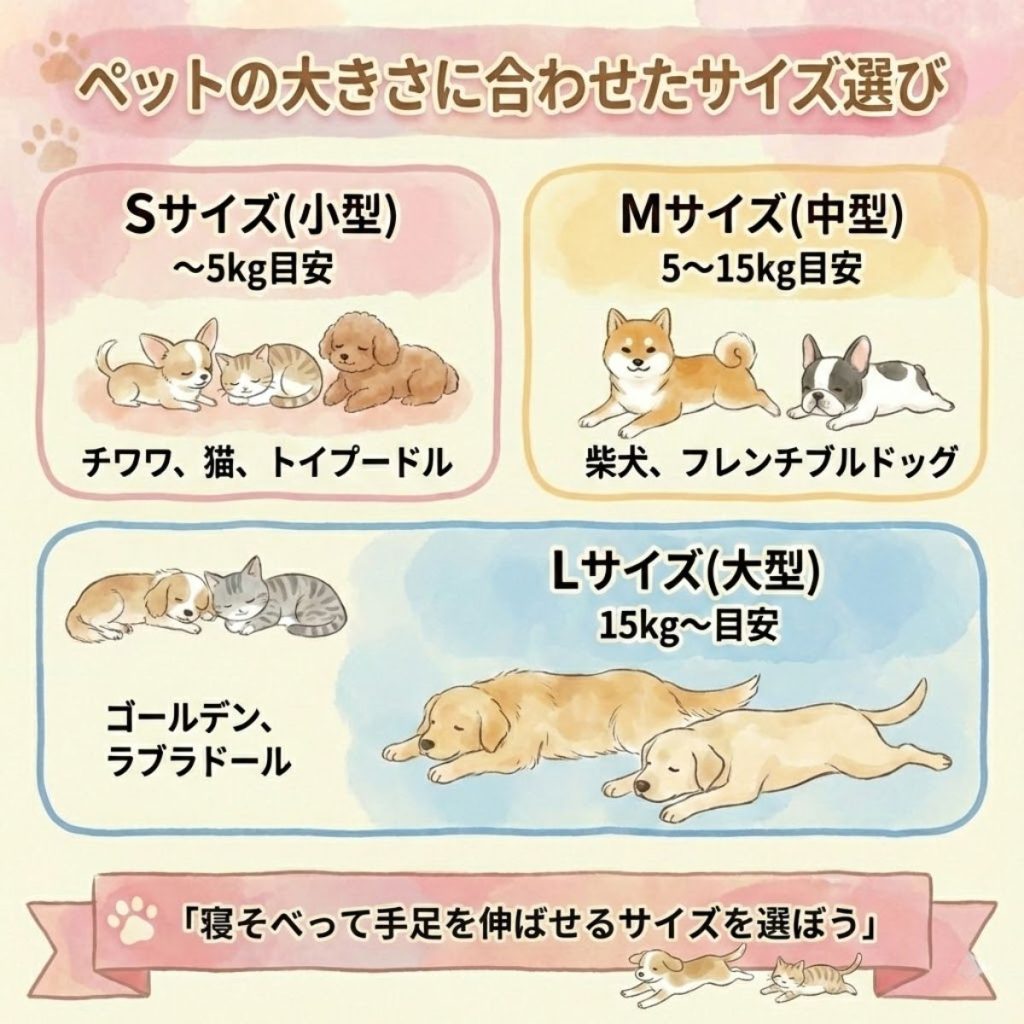 犬・猫の体重別・酸素室サイズ選びの目安。小型、中型、大型それぞれの適正サイズを図解