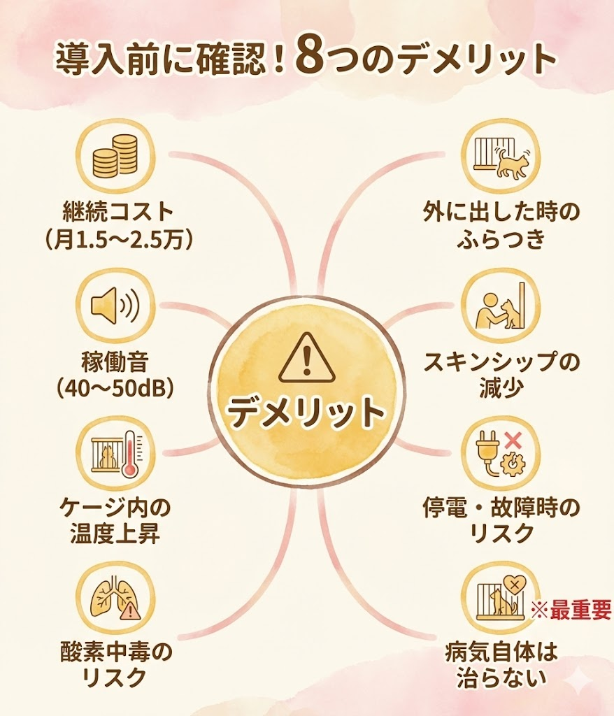 ペット用酸素室の8つのデメリット。コスト、騒音、温度、酸素中毒、高山病症状、スキンシップ減少、停電リスク、治癒効果なしのまとめ
