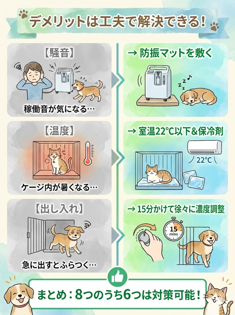 酸素室のデメリットへの対策まとめ。騒音には防振マット、温度には室温管理、出し入れには段階的な濃度調整が有効