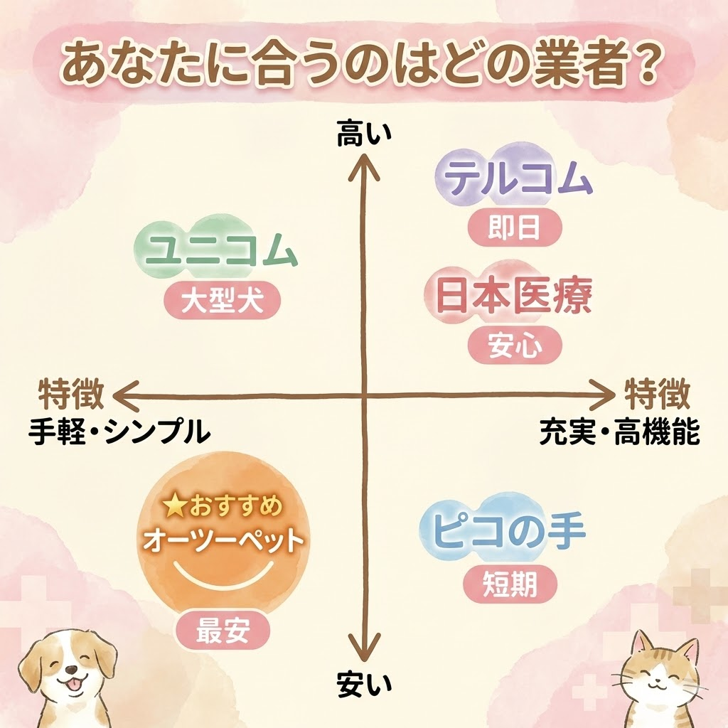 ペット酸素室レンタル5社のポジショニングマップ。価格と機能性で各社を比較