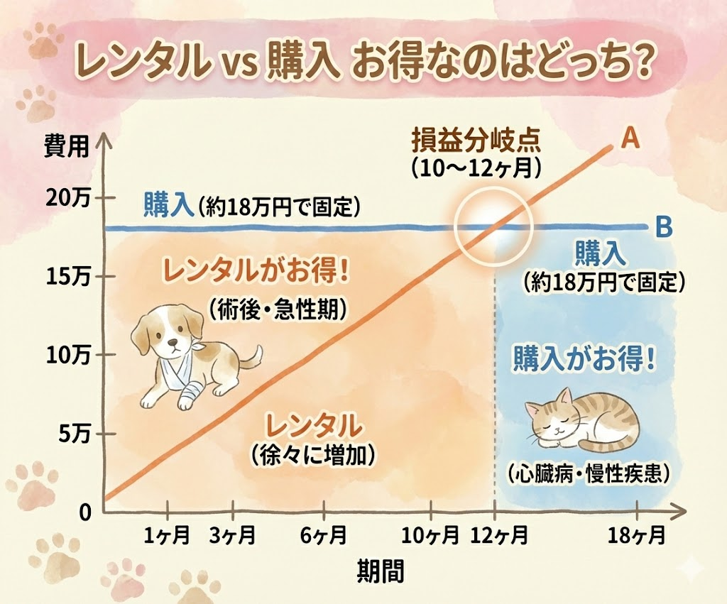 レンタルと購入の費用分岐点グラフ。10〜12ヶ月以上利用する場合は購入の方が安くなることを解説