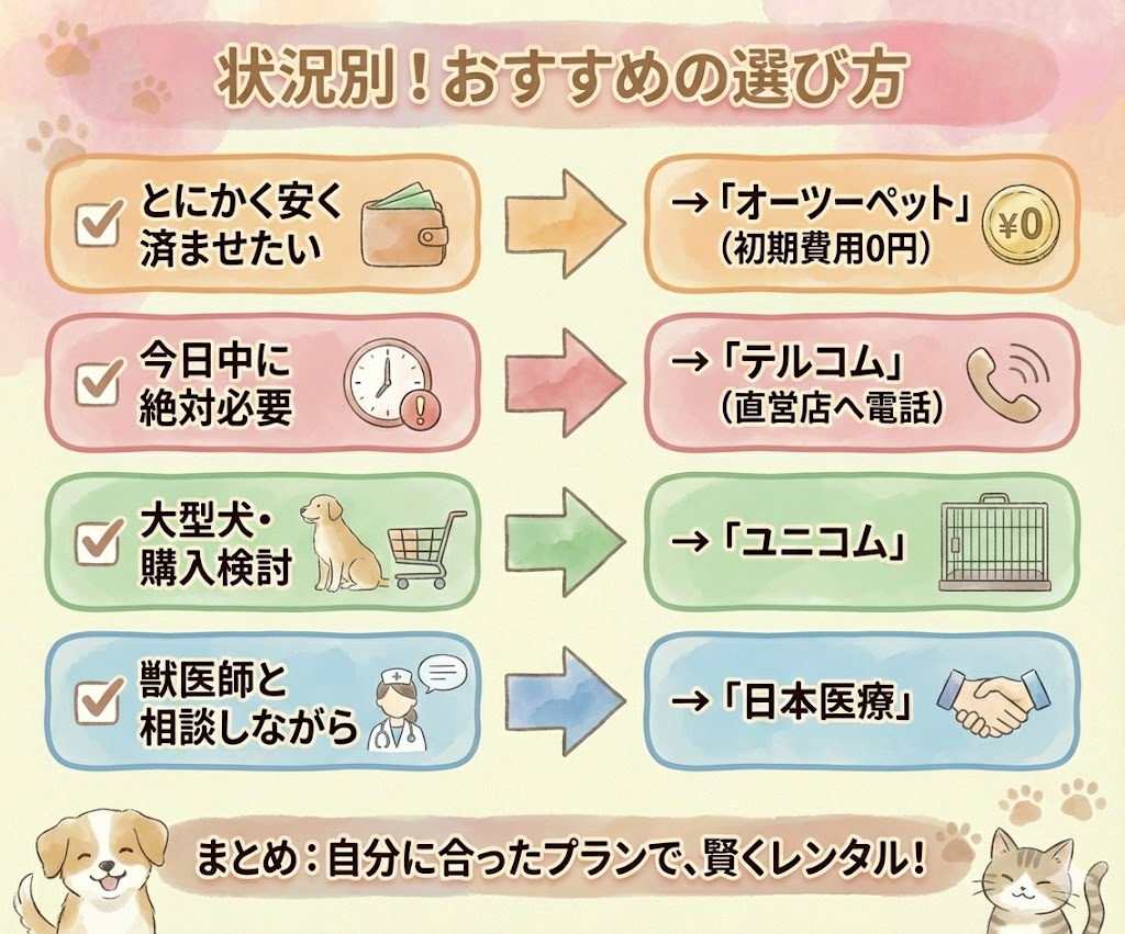 状況別おすすめペット酸素室レンタルの選び方まとめ。安さ重視ならオーツーペット、スピード重視ならテルコム