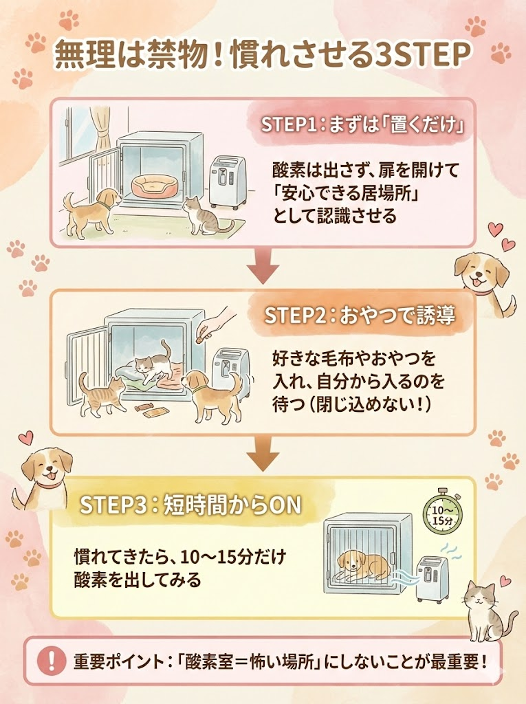 ペットを酸素室に慣れさせるための3ステップ。酸素を出さずに設置、おやつで誘導、短時間稼働の順で徐々に慣らす方法