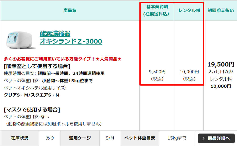 オキシランド Z-3000のレンタル料金表
