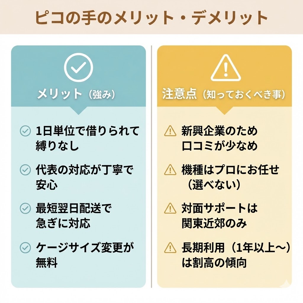 ピコの手のメリットとデメリットの比較図解。メリットは1日単位の利用や丁寧な対応、注意点は口コミの少なさや機種選択不可などを列挙