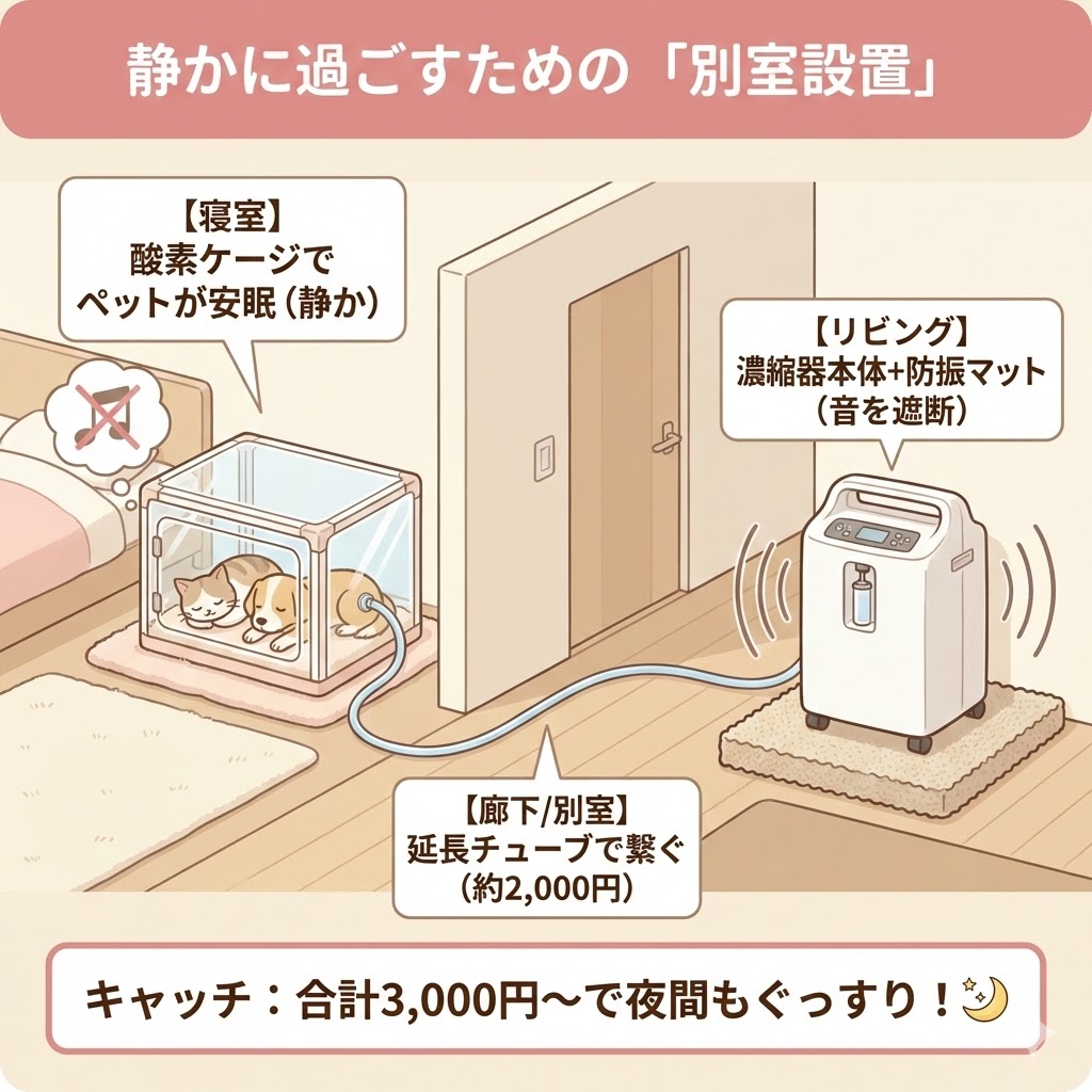 延長チューブと防振マットを使ったユニコム酸素濃縮器の騒音対策イメージ図。
