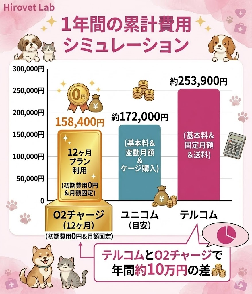 ペット酸素室レンタルを1年間利用した場合の累計費用シミュレーション。O2チャージとテルコムで約10万円の差があることを示すグラフ