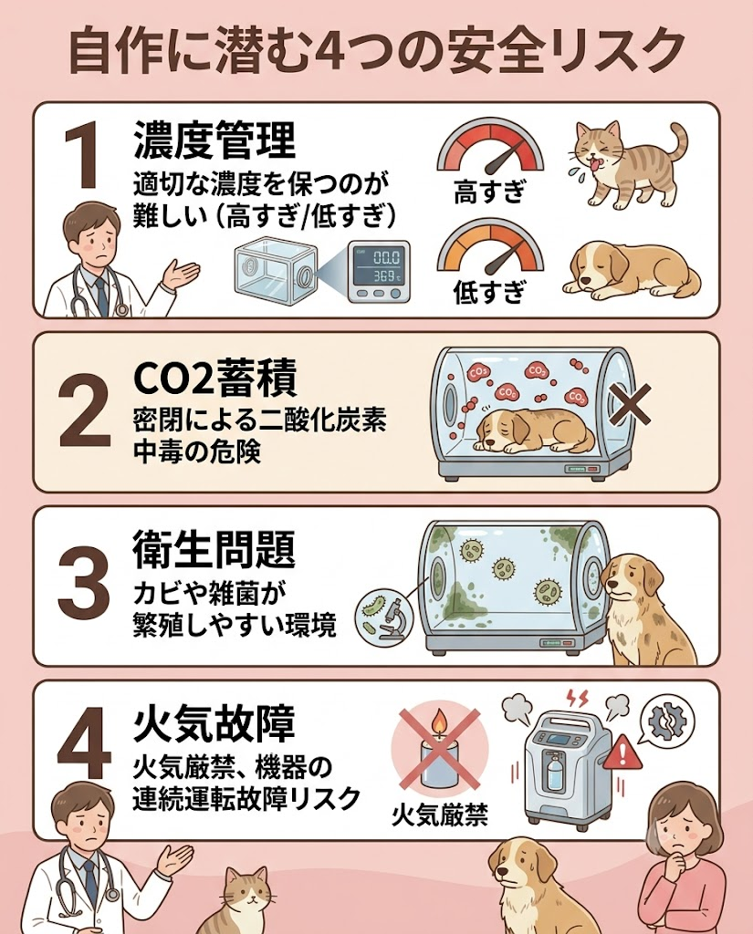 ペット酸素室の自作に潜むリスク（濃度、二酸化炭素、衛生、火気故障）をまとめた図解